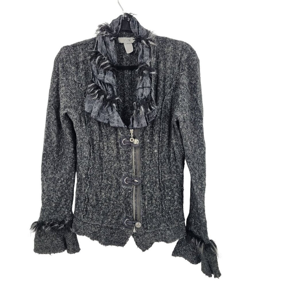 Vtg 90s Gothic Ruffled Knit Cardigan Sweater‎ Sz L Faux Fur Trim Witchy Punk